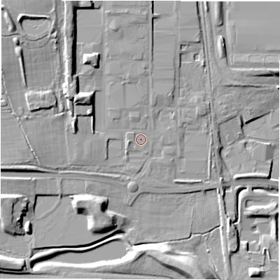 Shaded relief map of the ground around DL56AL, computed from Environment Agency LiDAR. The ground here sits at about 95 m above sea level and falls 16 m across the surrounding 800 m. Surface water reaching this point runs off ground lying to the north-north-west, 8.0 m higher.