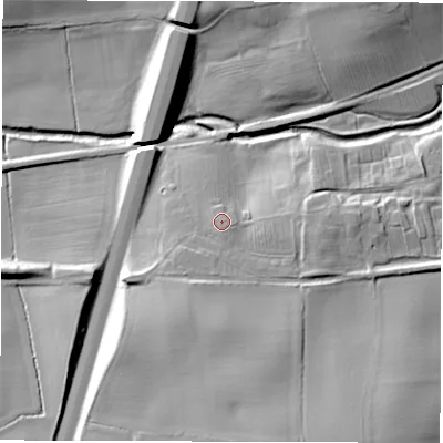 Shaded relief map of the ground around DL56JH, computed from Environment Agency LiDAR. The ground here sits at about 81 m above sea level and falls 22 m across the surrounding 800 m. Surface water reaching this point runs off ground lying to the south-south-east, 2.3 m higher.