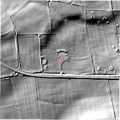 Shaded relief map of the ground around DL56QG, computed from Environment Agency LiDAR. The ground here sits at about 111 m above sea level and falls 30 m across the surrounding 800 m. Surface water reaching this point runs off ground lying to the north-west, 11.1 m higher.