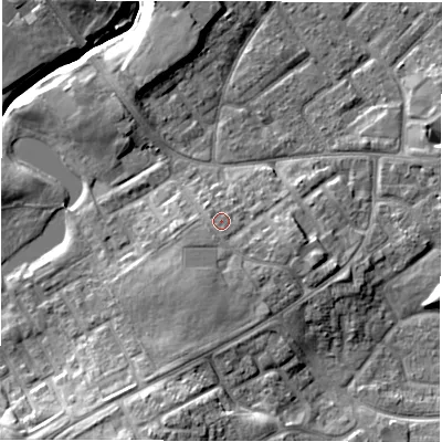Shaded relief map of the ground around DL57AQ, computed from Environment Agency LiDAR. The ground here sits at about 92 m above sea level and falls 13 m across the surrounding 800 m. Surface water reaching this point runs off ground lying to the south, 0.9 m higher.