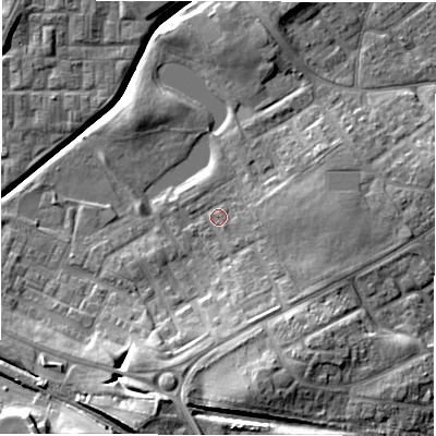 Shaded relief map of the ground around DL57AT, computed from Environment Agency LiDAR. The ground here sits at about 90 m above sea level and falls 18 m across the surrounding 800 m. Surface water reaching this point runs off ground lying to the east-south-east, 1.9 m higher.