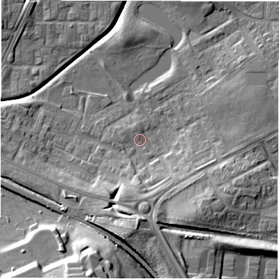 Shaded relief map of the ground around DL57AY, computed from Environment Agency LiDAR. The ground here sits at about 91 m above sea level and falls 24 m across the surrounding 800 m. Surface water reaching this point runs off ground lying to the south, 8.3 m higher.