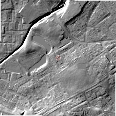 Shaded relief map of the ground around DL57DB, computed from Environment Agency LiDAR. The ground here sits at about 89 m above sea level and falls 14 m across the surrounding 800 m. Surface water reaching this point runs off ground lying to the south-south-east, 5.3 m higher.