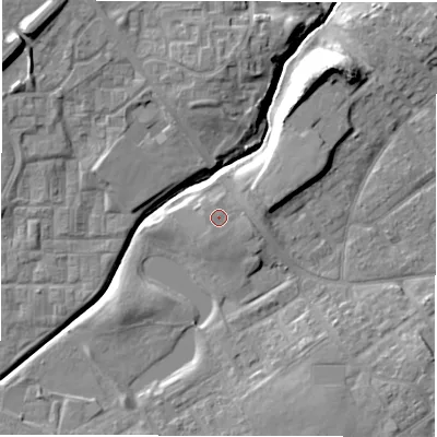 Shaded relief map of the ground around DL57DD, computed from Environment Agency LiDAR. The ground here sits at about 91 m above sea level and falls 13 m across the surrounding 800 m. Surface water reaching this point runs off ground lying to the east-south-east, 1.0 m higher.