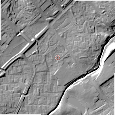 Shaded relief map of the ground around DL57DE, computed from Environment Agency LiDAR. The ground here sits at about 91 m above sea level and falls 20 m across the surrounding 800 m. Surface water reaching this point runs off ground lying to the north-north-west, 4.3 m higher.