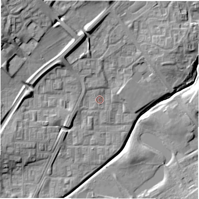 Shaded relief map of the ground around DL57DJ, computed from Environment Agency LiDAR. The ground here sits at about 90 m above sea level and falls 17 m across the surrounding 800 m. Surface water reaching this point runs off ground lying to the north-north-west, 1.5 m higher.