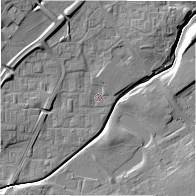 Shaded relief map of the ground around DL57DL, computed from Environment Agency LiDAR. The ground here sits at about 89 m above sea level and falls 15 m across the surrounding 800 m. Surface water reaching this point runs off ground lying to the north-north-west, 8.3 m higher.