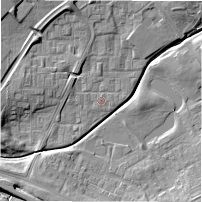 Shaded relief map of the ground around DL57DP, computed from Environment Agency LiDAR. The ground here sits at about 90 m above sea level and falls 13 m across the surrounding 800 m. Surface water reaching this point runs off ground lying to the west, 0.9 m higher.
