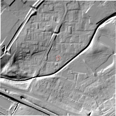 Shaded relief map of the ground around DL57DR, computed from Environment Agency LiDAR. The ground here sits at about 89 m above sea level and falls 14 m across the surrounding 800 m. Surface water reaching this point runs off ground lying to the west, 9.5 m higher.