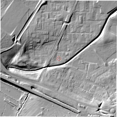 Shaded relief map of the ground around DL57DS, computed from Environment Agency LiDAR. The ground here sits at about 89 m above sea level and falls 17 m across the surrounding 800 m. Surface water reaching this point runs off ground lying to the west-south-west, 2.3 m higher.