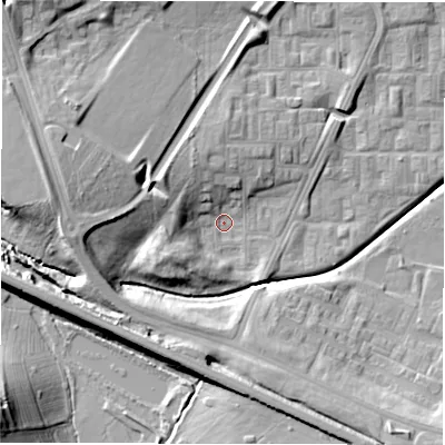 Shaded relief map of the ground around DL57DT, computed from Environment Agency LiDAR. The ground here sits at about 90 m above sea level and falls 21 m across the surrounding 800 m. Surface water reaching this point runs off ground lying to the north-west, 8.5 m higher.