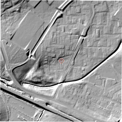 Shaded relief map of the ground around DL57DU, computed from Environment Agency LiDAR. The ground here sits at about 90 m above sea level and falls 18 m across the surrounding 800 m. Surface water reaching this point runs off ground lying to the north-north-west, 4.3 m higher.