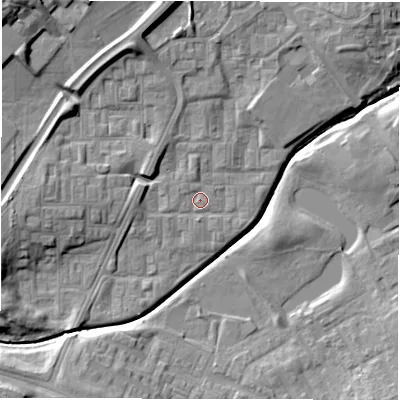 Shaded relief map of the ground around DL57DW, computed from Environment Agency LiDAR. The ground here sits at about 89 m above sea level and falls 15 m across the surrounding 800 m. Surface water reaching this point runs off ground lying to the west-south-west, 1.3 m higher.