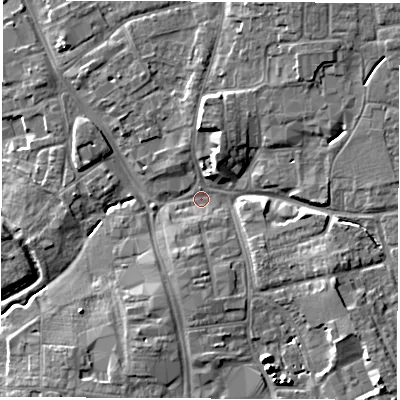 Shaded relief map of the ground around DL61DP, computed from Environment Agency LiDAR. The ground here sits at about 40 m above sea level and falls 10 m across the surrounding 800 m. Surface water reaching this point runs off ground lying to the east-south-east, 5.2 m higher.