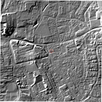Shaded relief map of the ground around DL61ET, computed from Environment Agency LiDAR. The ground here sits at about 42 m above sea level and falls 12 m across the surrounding 800 m. Surface water reaching this point runs off ground lying to the east-north-east, 9.7 m higher.