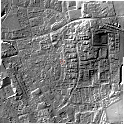 Shaded relief map of the ground around DL61EU, computed from Environment Agency LiDAR. The ground here sits at about 45 m above sea level and falls 17 m across the surrounding 800 m. Surface water reaching this point runs off ground lying to the east-north-east, 3.1 m higher.