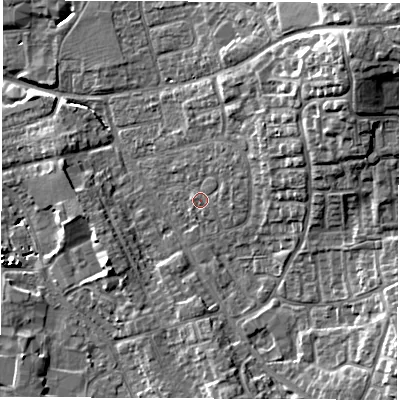 Shaded relief map of the ground around DL61EX, computed from Environment Agency LiDAR. The ground here sits at about 43 m above sea level and falls 15 m across the surrounding 800 m. Surface water reaching this point runs off ground lying to the east-north-east, 5.2 m higher.