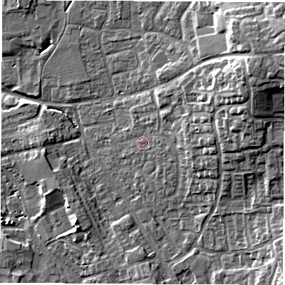 Shaded relief map of the ground around DL61EY, computed from Environment Agency LiDAR. The ground here sits at about 43 m above sea level and falls 15 m across the surrounding 800 m. Surface water reaching this point runs off ground lying to the east-north-east, 9.8 m higher.