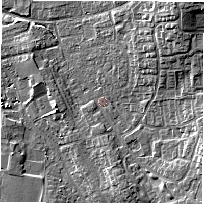 Shaded relief map of the ground around DL61EZ, computed from Environment Agency LiDAR. The ground here sits at about 43 m above sea level and falls 14 m across the surrounding 800 m. Surface water reaching this point runs off ground lying to the south, 3.7 m higher.