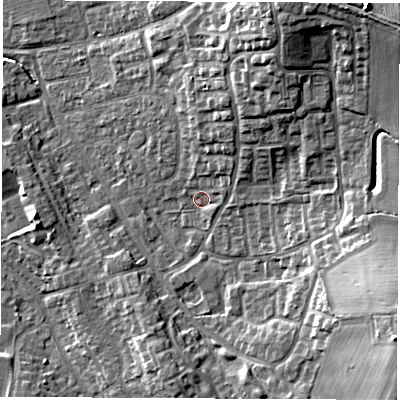 Shaded relief map of the ground around DL61HA, computed from Environment Agency LiDAR. The ground here sits at about 44 m above sea level and falls 17 m across the surrounding 800 m. Surface water reaching this point runs off ground lying to the north-east, 3.5 m higher.
