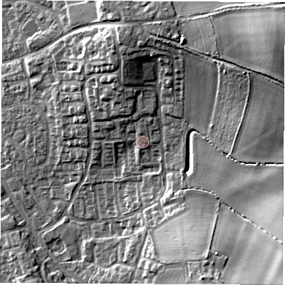 Shaded relief map of the ground around DL61HH, computed from Environment Agency LiDAR. The ground here sits at about 48 m above sea level and falls 18 m across the surrounding 800 m. Surface water reaching this point runs off ground lying to the north-north-west, 1.8 m higher.