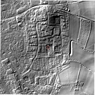 Shaded relief map of the ground around DL61HJ, computed from Environment Agency LiDAR. The ground here sits at about 46 m above sea level and falls 18 m across the surrounding 800 m. Surface water reaching this point runs off ground lying to the north-north-east, 3.2 m higher.