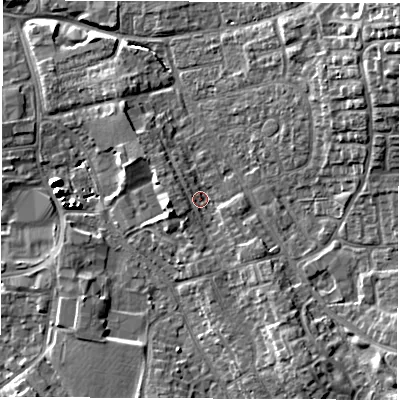 Shaded relief map of the ground around DL61HU, computed from Environment Agency LiDAR. The ground here sits at about 43 m above sea level and falls 13 m across the surrounding 800 m. Surface water reaching this point runs off ground lying to the west, 4.1 m higher.