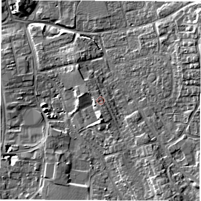 Shaded relief map of the ground around DL61HX, computed from Environment Agency LiDAR. The ground here sits at about 44 m above sea level and falls 12 m across the surrounding 800 m. Surface water reaching this point runs off ground lying to the south, 1.6 m higher.