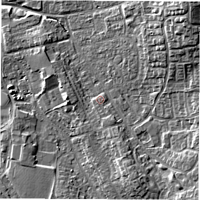 Shaded relief map of the ground around DL61HY, computed from Environment Agency LiDAR. The ground here sits at about 43 m above sea level and falls 13 m across the surrounding 800 m. Surface water reaching this point runs off ground lying to the south-west, 1.1 m higher.