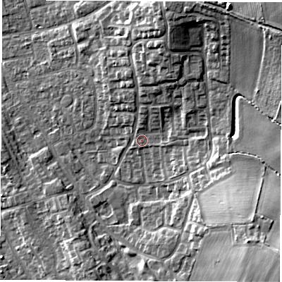 Shaded relief map of the ground around DL61JA, computed from Environment Agency LiDAR. The ground here sits at about 45 m above sea level and falls 17 m across the surrounding 800 m. Surface water reaching this point runs off ground lying to the north-north-east, 5.7 m higher.