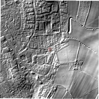 Shaded relief map of the ground around DL61JB, computed from Environment Agency LiDAR. The ground here sits at about 46 m above sea level and falls 20 m across the surrounding 800 m. Surface water reaching this point runs off ground lying to the east-south-east, 10.1 m higher.