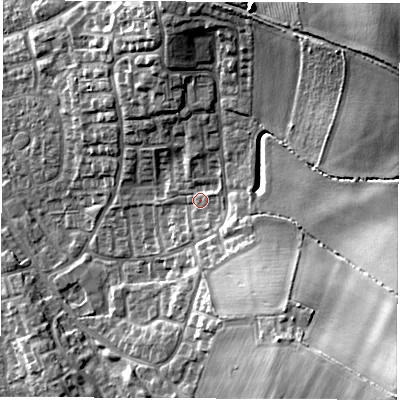 Shaded relief map of the ground around DL61JD, computed from Environment Agency LiDAR. The ground here sits at about 46 m above sea level and falls 20 m across the surrounding 800 m. Surface water reaching this point runs off ground lying to the south-east, 16.9 m higher.