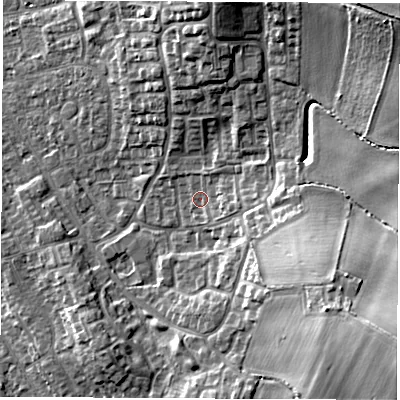 Shaded relief map of the ground around DL61JE, computed from Environment Agency LiDAR. The ground here sits at about 45 m above sea level and falls 18 m across the surrounding 800 m. Surface water reaching this point runs off ground lying to the south-east, 14.6 m higher.