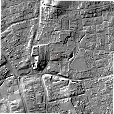 Shaded relief map of the ground around DL61JG, computed from Environment Agency LiDAR. The ground here sits at about 42 m above sea level and falls 9 m across the surrounding 800 m. Surface water reaching this point runs off ground lying to the north-north-west, 0.9 m higher.