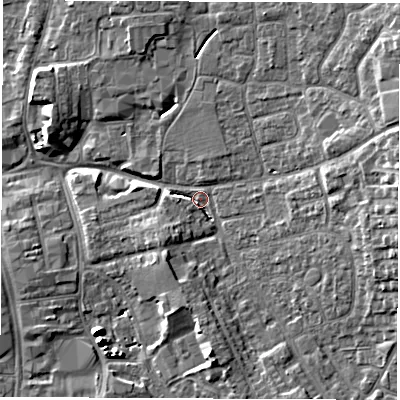 Shaded relief map of the ground around DL61JJ, computed from Environment Agency LiDAR. The ground here sits at about 41 m above sea level and falls 9 m across the surrounding 800 m. Surface water reaching this point runs off ground lying to the east, 8.4 m higher.