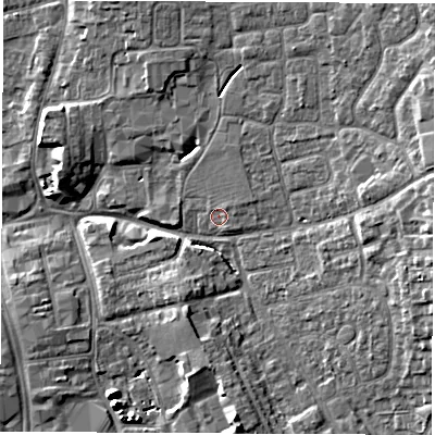 Shaded relief map of the ground around DL61JL, computed from Environment Agency LiDAR. The ground here sits at about 42 m above sea level and falls 9 m across the surrounding 800 m. Surface water reaching this point runs off ground lying to the east-north-east, 1.2 m higher.