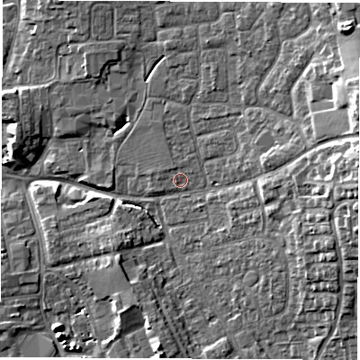 Shaded relief map of the ground around DL61JN, computed from Environment Agency LiDAR. The ground here sits at about 42 m above sea level and falls 13 m across the surrounding 800 m. Surface water reaching this point runs off ground lying to the north-north-west, 0.7 m higher.