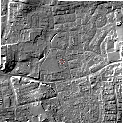 Shaded relief map of the ground around DL61JU, computed from Environment Agency LiDAR. The ground here sits at about 42 m above sea level and falls 13 m across the surrounding 800 m. Surface water reaching this point runs off ground lying to the north-north-west, 0.7 m higher.