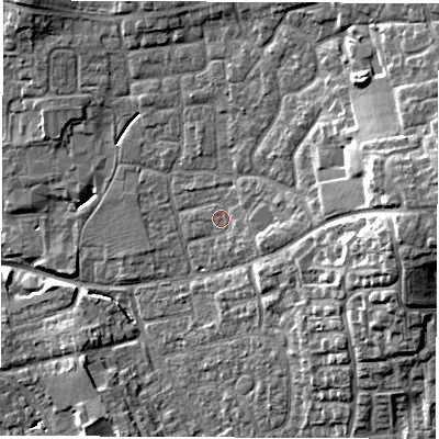 Shaded relief map of the ground around DL61JY, computed from Environment Agency LiDAR. The ground here sits at about 43 m above sea level and falls 14 m across the surrounding 800 m. Surface water reaching this point runs off ground lying to the east, 2.9 m higher.