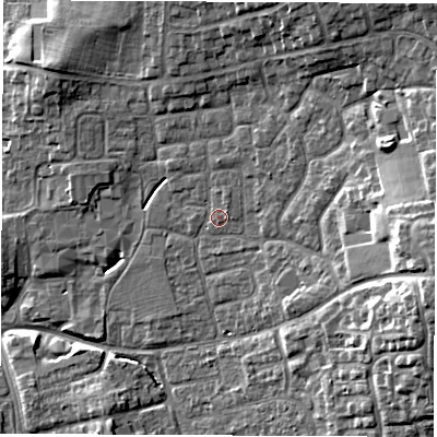 Shaded relief map of the ground around DL61JZ, computed from Environment Agency LiDAR. The ground here sits at about 43 m above sea level and falls 14 m across the surrounding 800 m. Surface water reaching this point runs off ground lying to the north-east, 0.9 m higher.