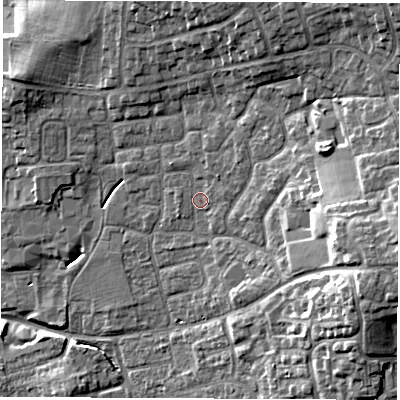 Shaded relief map of the ground around DL61LA, computed from Environment Agency LiDAR. The ground here sits at about 44 m above sea level and falls 14 m across the surrounding 800 m. Surface water reaching this point runs off ground lying to the north-east, 1.6 m higher.