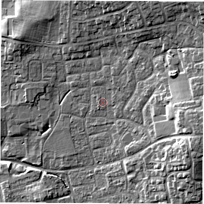 Shaded relief map of the ground around DL61LB, computed from Environment Agency LiDAR. The ground here sits at about 43 m above sea level and falls 14 m across the surrounding 800 m. Surface water reaching this point runs off ground lying to the east-north-east, 1.7 m higher.