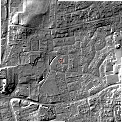 Shaded relief map of the ground around DL61LD, computed from Environment Agency LiDAR. The ground here sits at about 43 m above sea level and falls 13 m across the surrounding 800 m. Surface water reaching this point runs off ground lying to the east-north-east, 2.4 m higher.