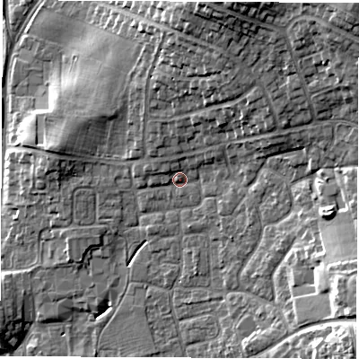 Shaded relief map of the ground around DL61LE, computed from Environment Agency LiDAR. The ground here sits at about 44 m above sea level and falls 16 m across the surrounding 800 m. Surface water reaching this point runs off ground lying to the north-east, 11.6 m higher.