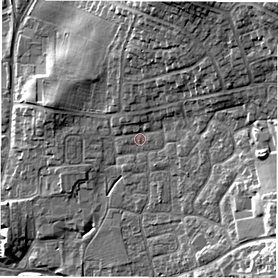 Shaded relief map of the ground around DL61LF, computed from Environment Agency LiDAR. The ground here sits at about 44 m above sea level and falls 15 m across the surrounding 800 m. Surface water reaching this point runs off ground lying to the north-east, 10.6 m higher.