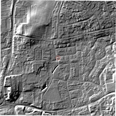 Shaded relief map of the ground around DL61LG, computed from Environment Agency LiDAR. The ground here sits at about 43 m above sea level and falls 12 m across the surrounding 800 m. Surface water reaching this point runs off ground lying to the north-east, 9.1 m higher.