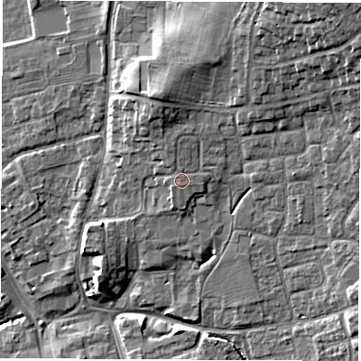 Shaded relief map of the ground around DL61LJ, computed from Environment Agency LiDAR. The ground here sits at about 44 m above sea level and falls 13 m across the surrounding 800 m. Surface water reaching this point runs off ground lying to the north-north-west, 0.7 m higher.
