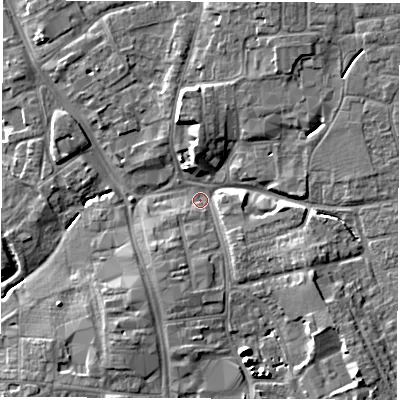 Shaded relief map of the ground around DL61ND, computed from Environment Agency LiDAR. The ground here sits at about 40 m above sea level and falls 10 m across the surrounding 800 m. Surface water reaching this point runs off ground lying to the east-south-east, 5.1 m higher.