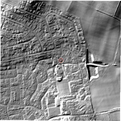 Shaded relief map of the ground around DL61QB, computed from Environment Agency LiDAR. The ground here sits at about 48 m above sea level and falls 26 m across the surrounding 800 m. Surface water reaching this point runs off ground lying to the north-north-east, 5.1 m higher.