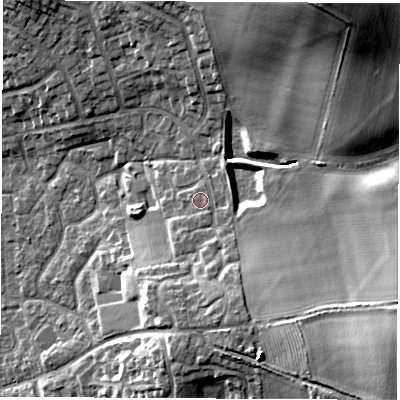 Shaded relief map of the ground around DL61QD, computed from Environment Agency LiDAR. The ground here sits at about 50 m above sea level and falls 23 m across the surrounding 800 m. Surface water reaching this point runs off ground lying to the south-east, 7.0 m higher.